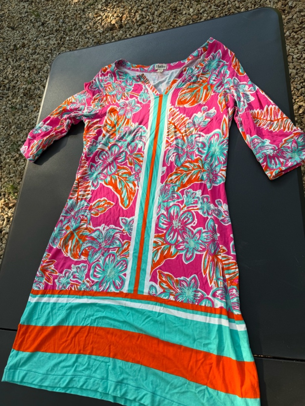 Hatley Pink Floral V-Neck Dress with Turquoise & Orange Trim